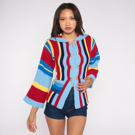 Rainbow Stripe Cardigan 70s Hooded Sweater Vintage Toggle Front Knit Jacket Red Blue Yellow Primary Color Mod Fashion Extra Small XS