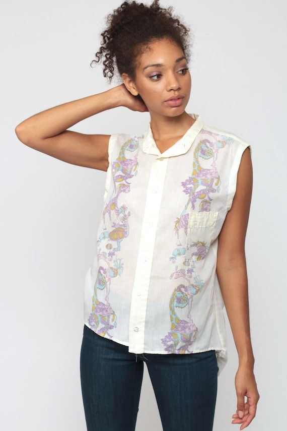 Psychedelic Blouse 70s ANIMAL Shirt Boho Tank Top GIRAFFE Bohemian Button Up 1970s Hippie Vintage Rabbit Cotton Sleeveless Extra Large xl