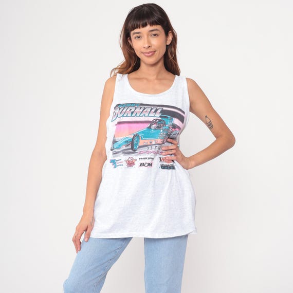 Car Muscle Tee 90s Racing Tank Top White Cotton Vintage Muscle Shirt Drag Racing Super Comp Dragster Automotive Gym Wear Extra Large XL