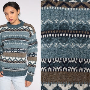90s Geometric Sweater Blue Brown Striped Knit Pullover Grunge Boho Wool Blend Statement Crewneck Hippie Knitwear Retro 1990s Vintage Medium