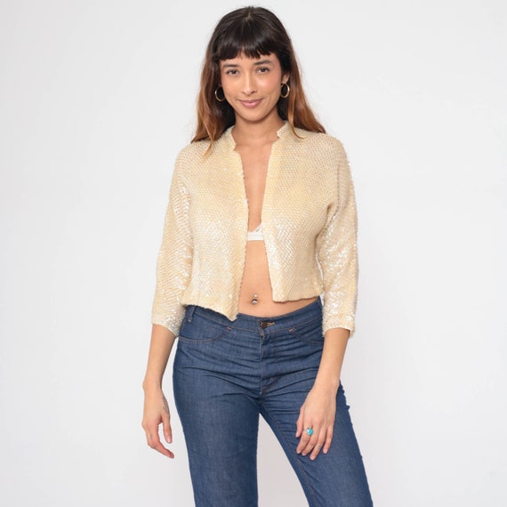 60s Sequin Cardigan Jacket Cream Knit Sweater Cropped Open Front Jacket Formal Glam Jackie O Mid Century Knitwear Vintage 1960s Small