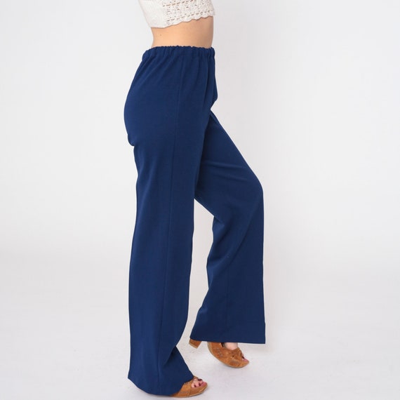 Navy Blue Pants 70s Trousers High Waisted Rise Straight Leg Pants Elastic Waist Creased Slacks Retro Vintage 1970s Small Medium 28 30 32