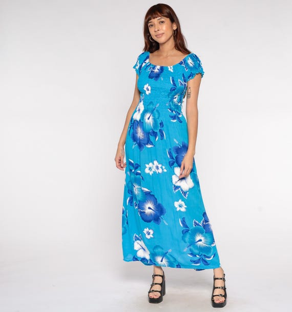 Hawaiian Maxi Dress Y2K Blue Hibiscus Floral Smocked Top Peasant Cap Sleeve Long Dress Turquoise Flower Rayon Small Medium Large