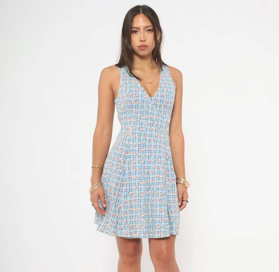 90s Gingham Floral Playsuit Romper Blue White Checkered Sundress Sleeveless Fit Flare Mini Skater Prairie Cottagecore Summer Vintage Small S