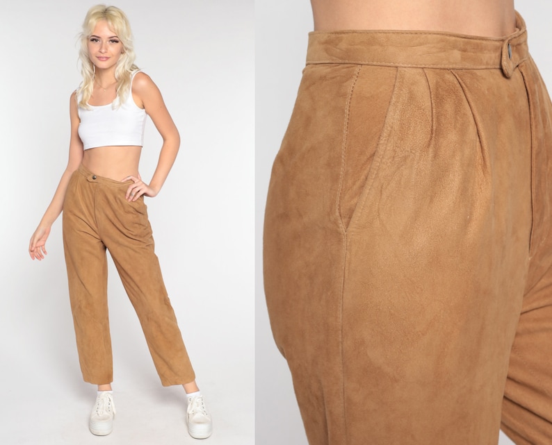 80s Suede Pants Brown Leather Pants Straight Leg Boho Western High Waisted Pants 1980s Trousers Vintage Bohemian High Waist Small s image 1