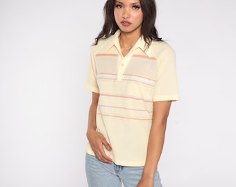 70s Yellow Knit Polo Shirt Charisma California Striped Collared Top Short Sleeve Lightweight Polyester Cotton Blend Preppy Large L Medium M