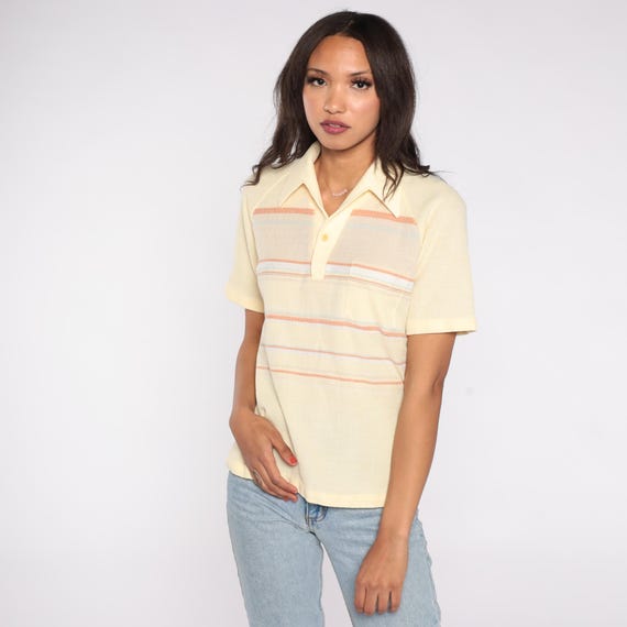 70s Yellow Knit Polo Shirt Charisma California Striped Collared Top Short Sleeve Lightweight Polyester Cotton Blend Preppy Large L Medium M