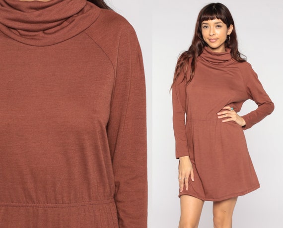 70s Turtleneck Dress Brown Mini Mod Shift Retro V… - image 1