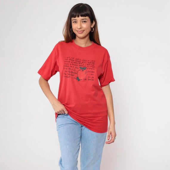 90s Teacher Tee Graphic Red Apple Crew Neck Vintage T Shirt Classroom Rules Quote School Gift Funny Novelty Back To School Large L