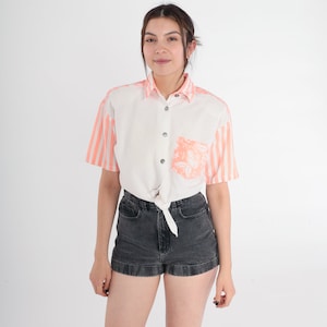 Tropical Floral Crop Top 90s Tie Front Blouse Button up Cropped Shirt Striped Flower Print Short Sleeve White Peach Vintage 1990s Small S