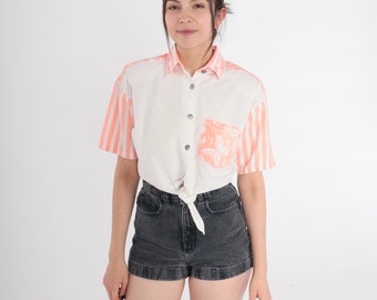 Tropical Floral Crop Top 90s Tie Front Blouse Button up Cropped Shirt Striped Flower Print Short Sleeve White Peach Vintage 1990s Small S