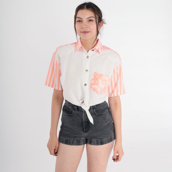 Tropical Floral Crop Top 90s Tie Front Blouse Button up Cropped Shirt Striped Flower Print Short Sleeve White Peach Vintage 1990s Small S