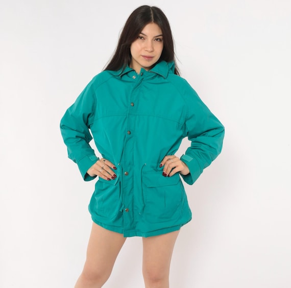 80s Woolrich Teal Parka Hooded Rain Jacket Plaid Lined Windbreaker Outdoor Coat Gorpcore Hiking Trail Turquoise Women Camping Vintage Small