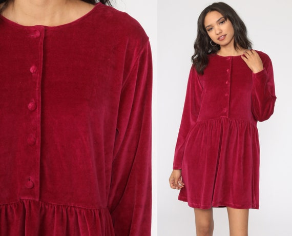Velour Babydoll Dress 90s Raspberry Red Dress Part