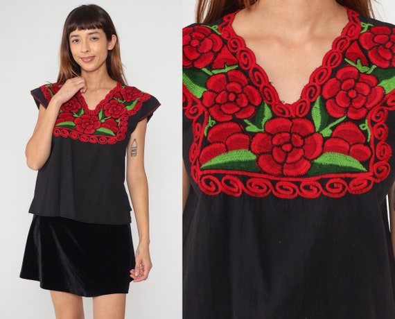 Mexican Floral Blouse 90s Black Embroidered Top P… - image 1