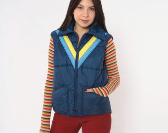 70s Puffer Vest Navy Blue Chevron Stripe Quilted Sleeveless Jacket Yellow Winter Ski Snow Hiking Camping Puffy Gorpcore Womens Mens Small S