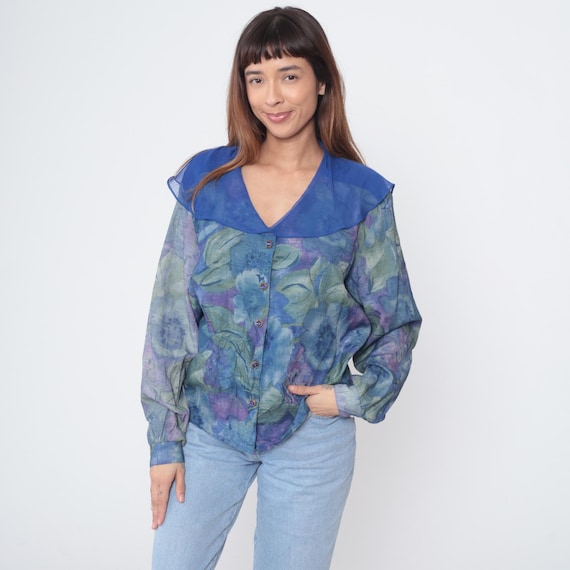 Watercolor Floral Blouse 90s Vintage Blue Purple Sheer Button Down Wide Collar Romantic Semi Transparent Spring Blouson Sleeves Large L