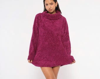 Pull à col roulé en chenille magenta des années 80 pull en tricot côtelé prune pull à col roulé baies coupe décontractée vin fuchsia haut d'hiver vintage grand L