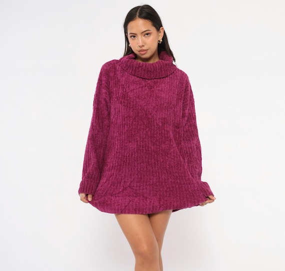 Magenta Chenille Turtleneck 80s Ribbed Knit Sweater Plum Pullover Berry Roll Neck Jumper Relaxed Fit Wine Fuchsia Winter Top Vintage Large L