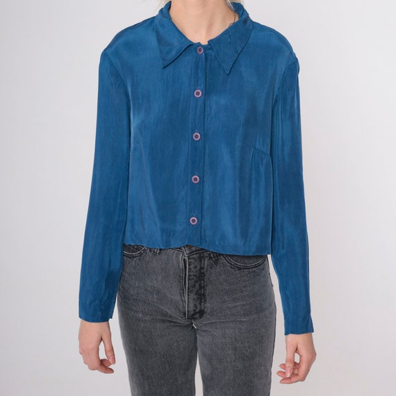 Blue Cropped Blouse 90s Silky Rayon Crop Top Liz … - image 7