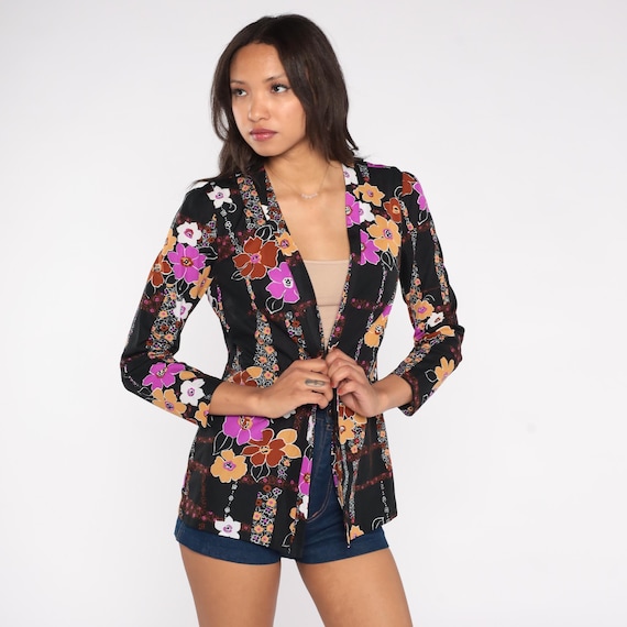 70s Floral Blazer Black Colorful Print Open Front Jacket Bright Pink Orange Brown Flowers Lightweight Layering Polyester Small Medium