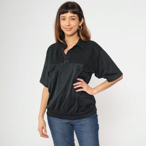 90s Black Polo Shirt Knit Yoke Shirt Quarter Button Up Retro Short Sleeve Collared Shirt Preppy Slouchy 1990s Vintage Men&#39;s Large L