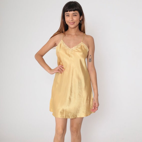 Gold Satin Slip Dress 90s Lingerie Mini Chemise Dress Retro Lace Trim Nightgown Spaghetti Strap Nightie Sexy Vintage 1990s Small