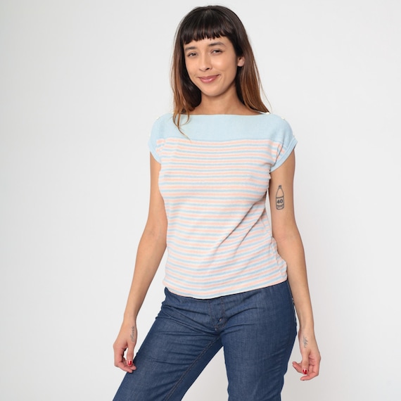 Vintage 70s 80s Striped Knit Shirt Pastel Blue Pink Slub Texture Boatneck Square Yoke 1980s Button Shoulder Cap Sleeve Tee Medium M