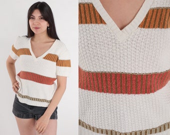 Striped Sweater Top 80s Textured Knit Shirt Orange Red Olive Green V Neck Short Sleeve Sweater 1980s Vintage Knitted Blouse Knitwear Small