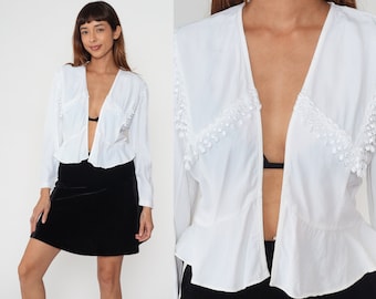 White Cropped Jacket 90s Open Front Peplum Blazer Lace Trim Bertha Collar Top Long sleeve Blouse Summer Boho Victorian Vintage 1990s Small S