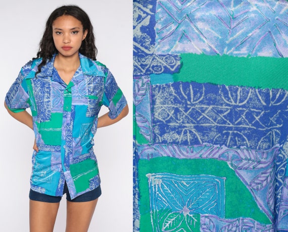 70s Geometric Shirt Blue Psychedelic Shirt Dagger Collar Shirt Boho Top Vintage 1970s Short Sleeve Shirt Liberty House Large xl l