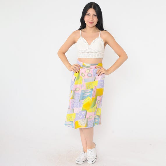 Vintage 90s Abstract Midi Skirt Pastel Color Block Geometric Print High Waisted Knee Length 1990s Pink Lavender Purple Yellow Large L
