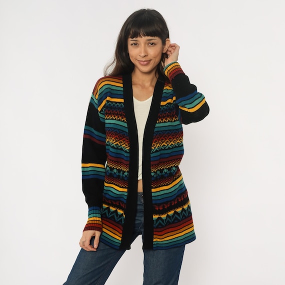 70s Rainbow Striped Cardigan Open Front Multicolor Hippie Southwestern Vintage Knit Sweater Colorful Bright Teal Orange Yellow Blue Medium M