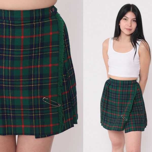 Mini-jupe écossaise des années 80, jupe kilt vert bleu rouge, écolière, jupe plissée tartan taille haute à carreaux BCBG rétro vintage des années 80, taille 22