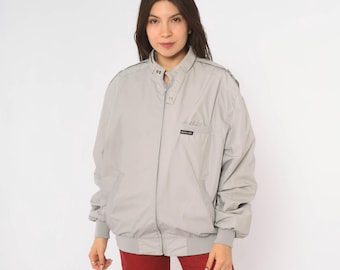 80s Members Only Bomber Jacket Grey Zip Front Harrington Windbreaker Cotton Epaulettes Side Pockets Cafe Racer  Unisex Vintage Medium M