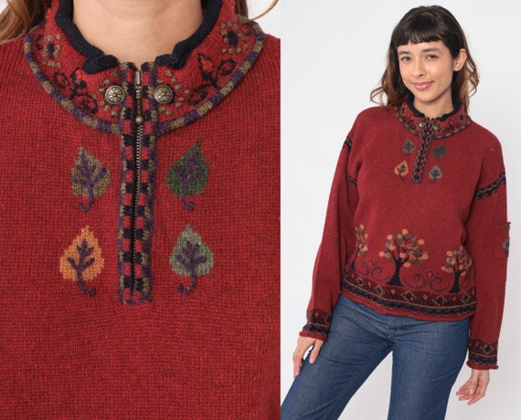 Tree Print Sweater Y2K Quarter Zip Pullover Sweat… - image 1