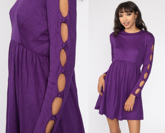 70s CUTOUT Dress Babydoll Mini Dress Purple Party Dress Cut Out High Waist 60s Mod Boho Long Sleeve 1970s Vintage Small S