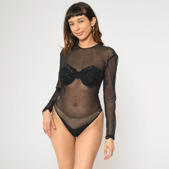 Vintage Black Mesh Bustier Bodysuit 90s Sheer Sequin High Cut Night Out Party Top 1990s Long Sleeve Top Body Suit 1990s Pin Up Large