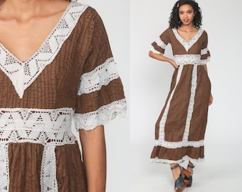 Mexican Maxi Dress Brown Bohemian 70s Mexican Wedding Crochet LACE Sheer BELL Sleeve Dress Pintuck Boho Hippie Vintage Extra Small xs