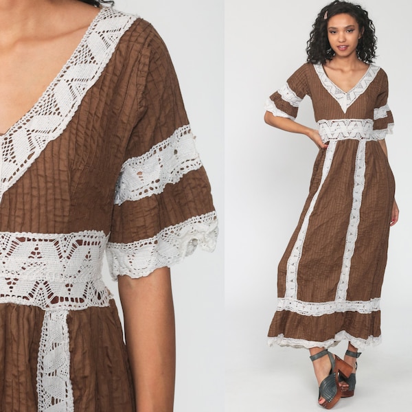 Mexican Maxi Dress Brown Bohemian 70s Mexican Wedding Crochet LACE Sheer BELL Sleeve Dress Pintuck Boho Hippie Vintage Extra Small xs