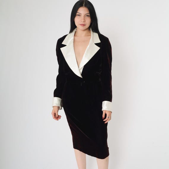 Vintage Black Velvet Dress 90s White Satin Collar Wrap Party Dress Deep V Neck Midi Gothic Formal Evening Dress Goth Glam 1990s Medium 8