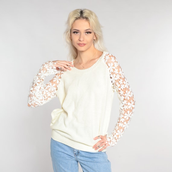 Crochet Floral Sweater 90s White Knit Flower Sweater Sheer Sleeve Pullover Hippie Retro Bohemian Girly Acrylic Vintage 1990s Medium Large