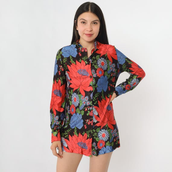 Vintage 70s Floral Blouse Bright Red Blue Mandarin Collar Shirt Boho Button Up Shirt Bohemian Tunic Top Retro Hippie Long Sleeve 1970s Small