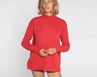 Red Turtleneck Shirt 80s Sweater Top Long Sleeve Shirt Retro Basic Cotton Top Vintage Simple Plain Normcore Layer 1980s Mens Extra Large xl