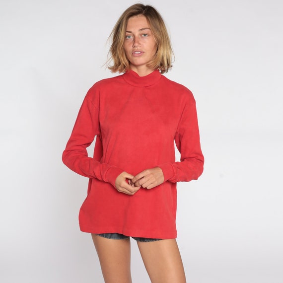 Red Turtleneck Shirt 80s Sweater Top Long Sleeve Shirt Retro Basic Cotton Top Vintage Simple Plain Normcore Layer 1980s Mens Extra Large xl