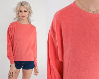 Salmon Pink Cashmere Sweater 60s Knit Dolman Sleeve Pullover Sweater Retro Plain Basic Knitwear Soft Jumper Spring Vintage 1960s Small S