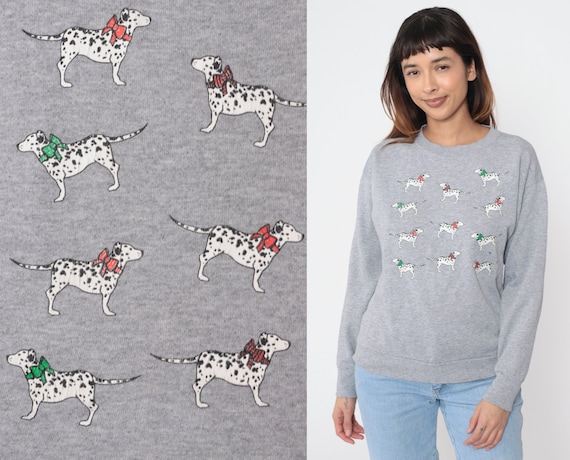 Dalmatian Dog Sweatshirt 90s Christmas Sweater Red Green Bow Animal Crewneck Vintage 1990s Graphic Sweater Xmas Heather Grey Medium