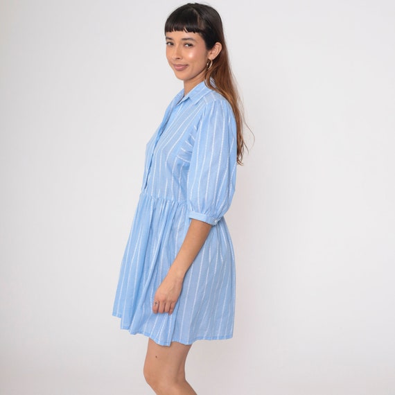 Striped Shirt Dress 80s Blue Balloon Sleeve Dress… - image 3