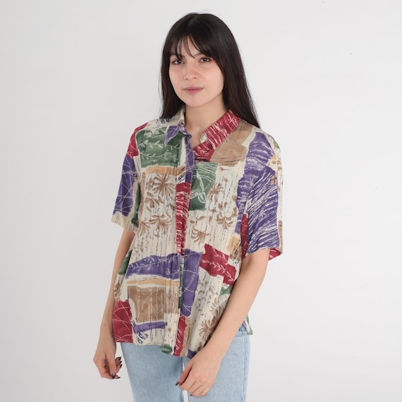 90s Floral Blouse Button up Shirt Striped Flower Print Short Sleeve Top Retro Collared Cream Red Purple Green Vintage 1990s Medium 10 P