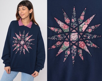 Floral Collared Sweatshirt 90s Starburst Applique Navy Blue Rose Sweatshirt Retro Shabby Chic Slouchy Graphic Vintage 1990s Extra Large xl